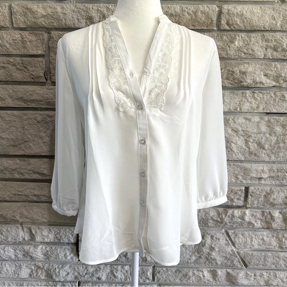 Pintucked Button Down Lace Dress Shirt. Size L white